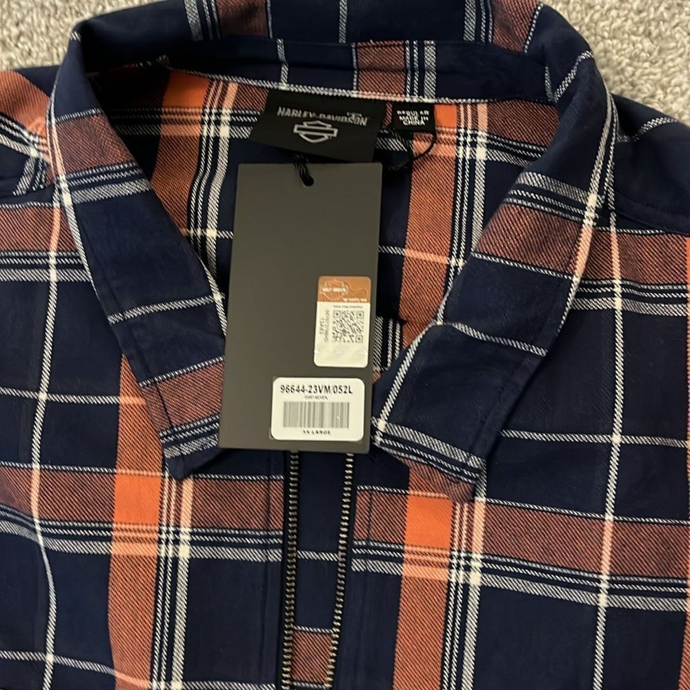 Harley-Davidson 5XL Blue Orange Tartan Plaid Full Zipper woven Shirt Jacket